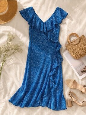 London Times Blue Ruffle Wrap Midi Dress Womens Size 8 Floral Dot V Neck